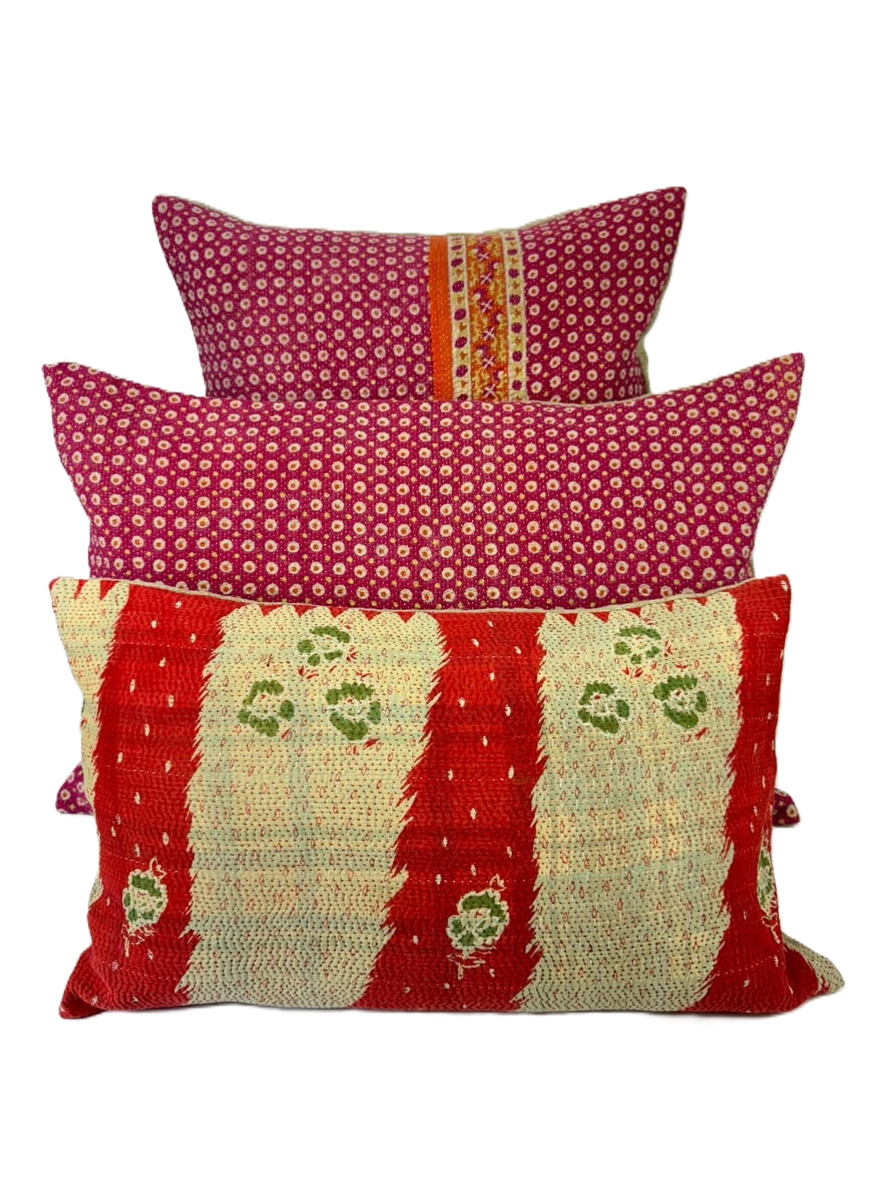 Exquisite vintage Kantha cushion featuring authentic hand-stitched Indian embroidery, responsibly sourced and perfect as unique homeware.