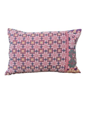Exquisite vintage Kantha cushion featuring authentic hand-stitched Indian embroidery, responsibly sourced and perfect as unique homeware.