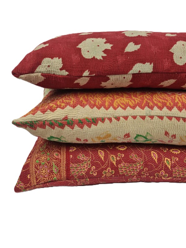 Exquisite vintage Kantha cushion featuring authentic hand-stitched Indian embroidery, responsibly sourced and perfect as unique homeware.