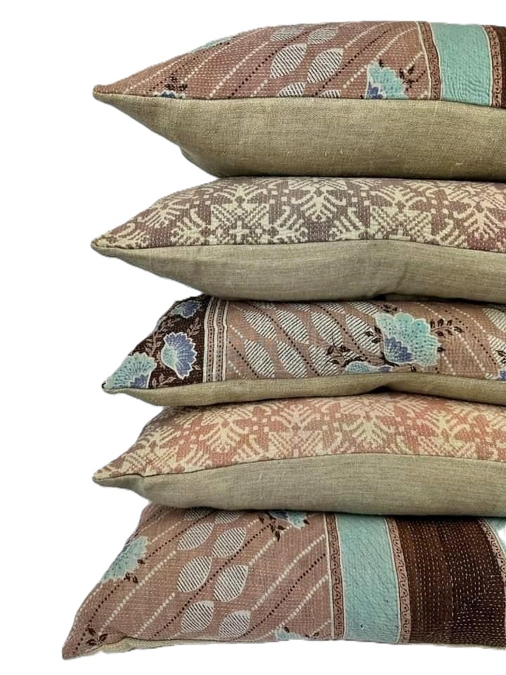 Exquisite vintage Kantha cushion featuring authentic hand-stitched Indian embroidery, responsibly sourced and perfect as unique homeware.