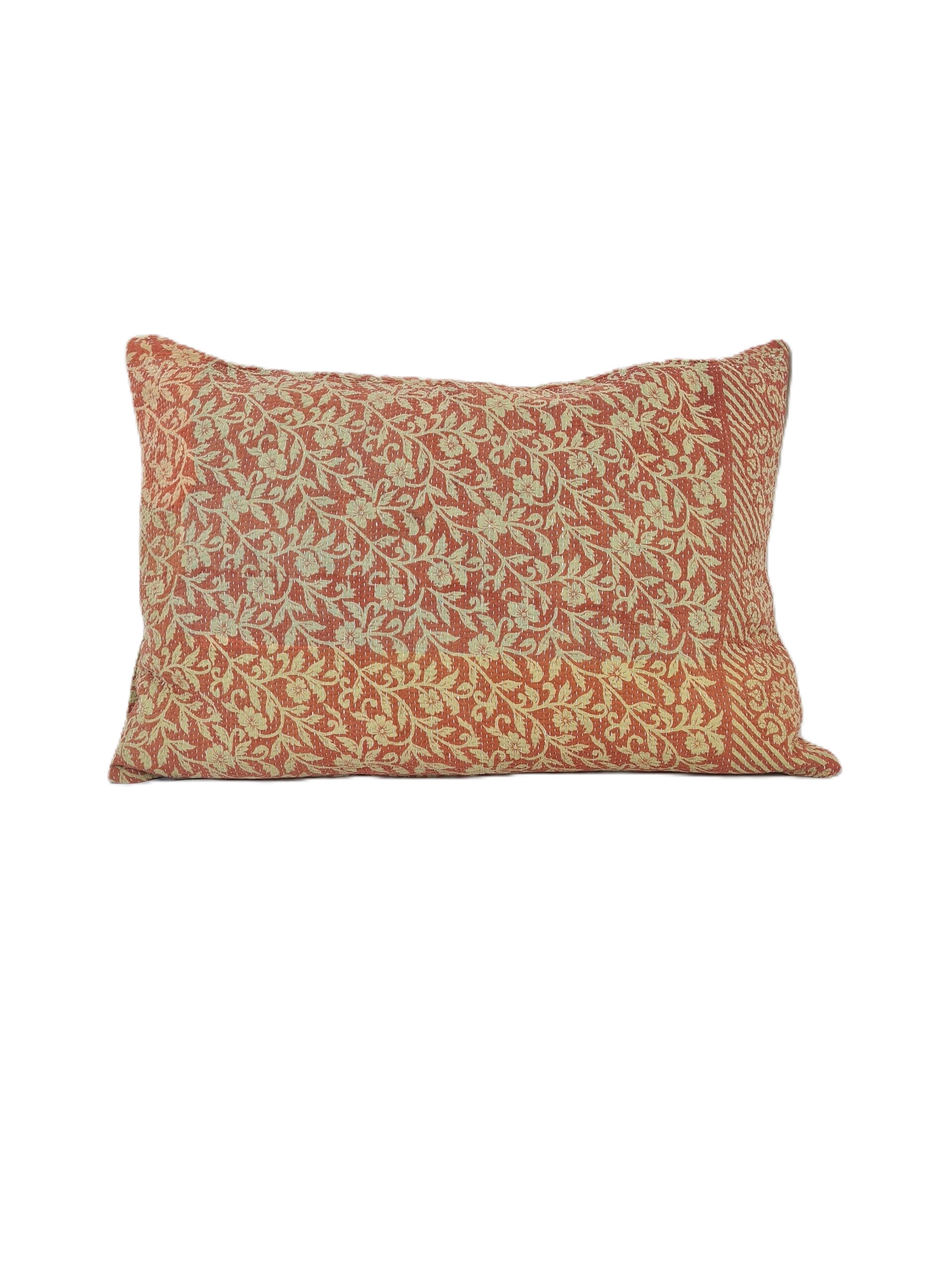 Exquisite vintage Kantha cushion featuring authentic hand-stitched Indian embroidery, responsibly sourced and perfect as unique homeware.