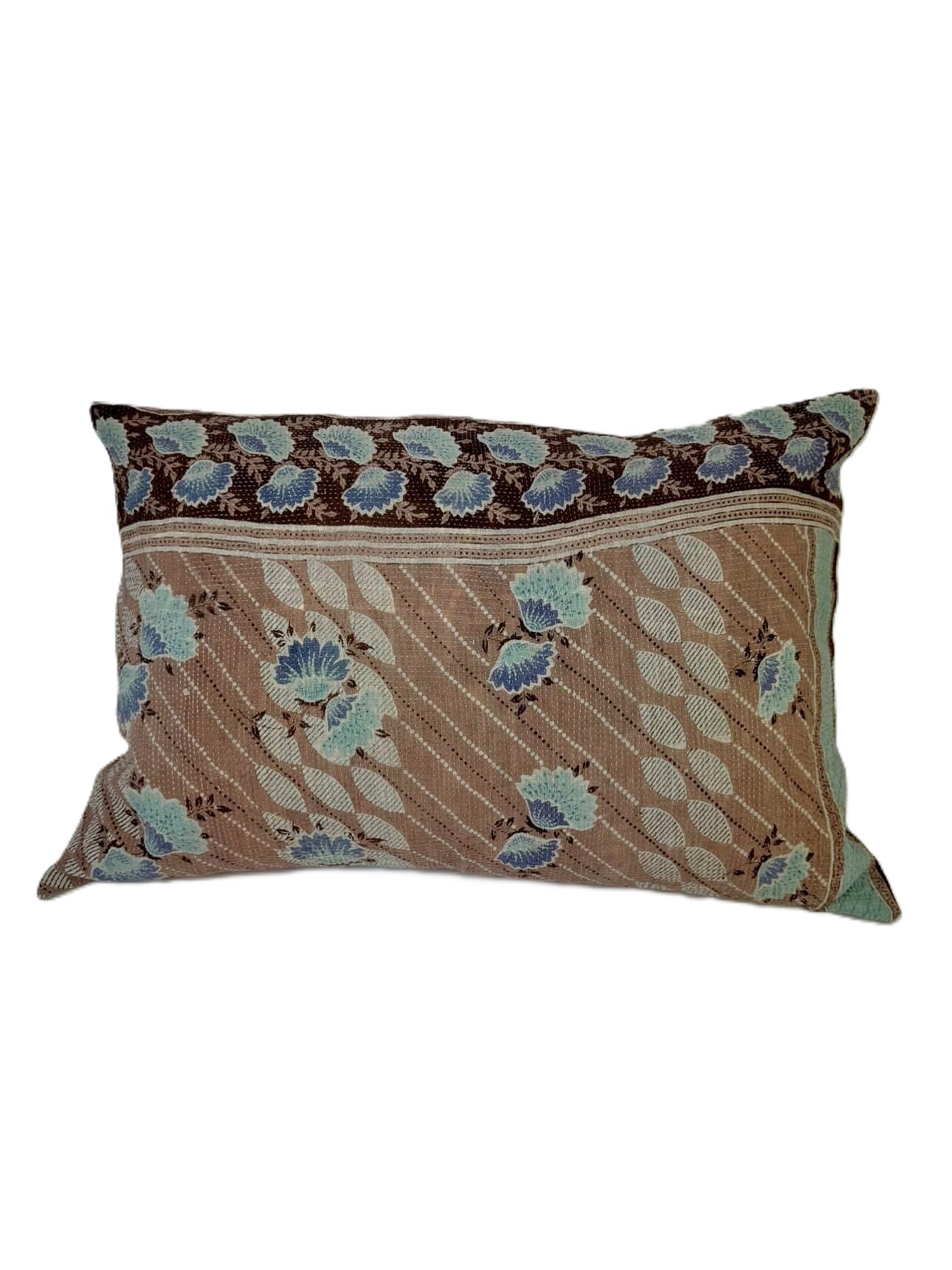 Exquisite vintage Kantha cushion featuring authentic hand-stitched Indian embroidery, responsibly sourced and perfect as unique homeware.