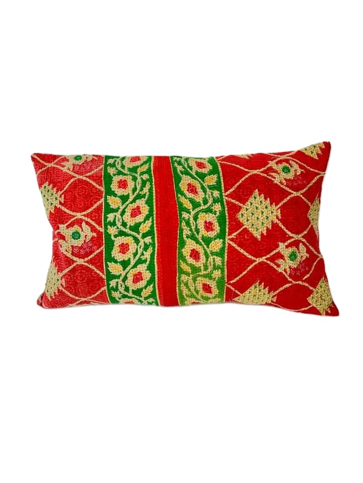 Exquisite vintage Kantha cushion featuring authentic hand-stitched Indian embroidery, responsibly sourced and perfect as unique homeware.