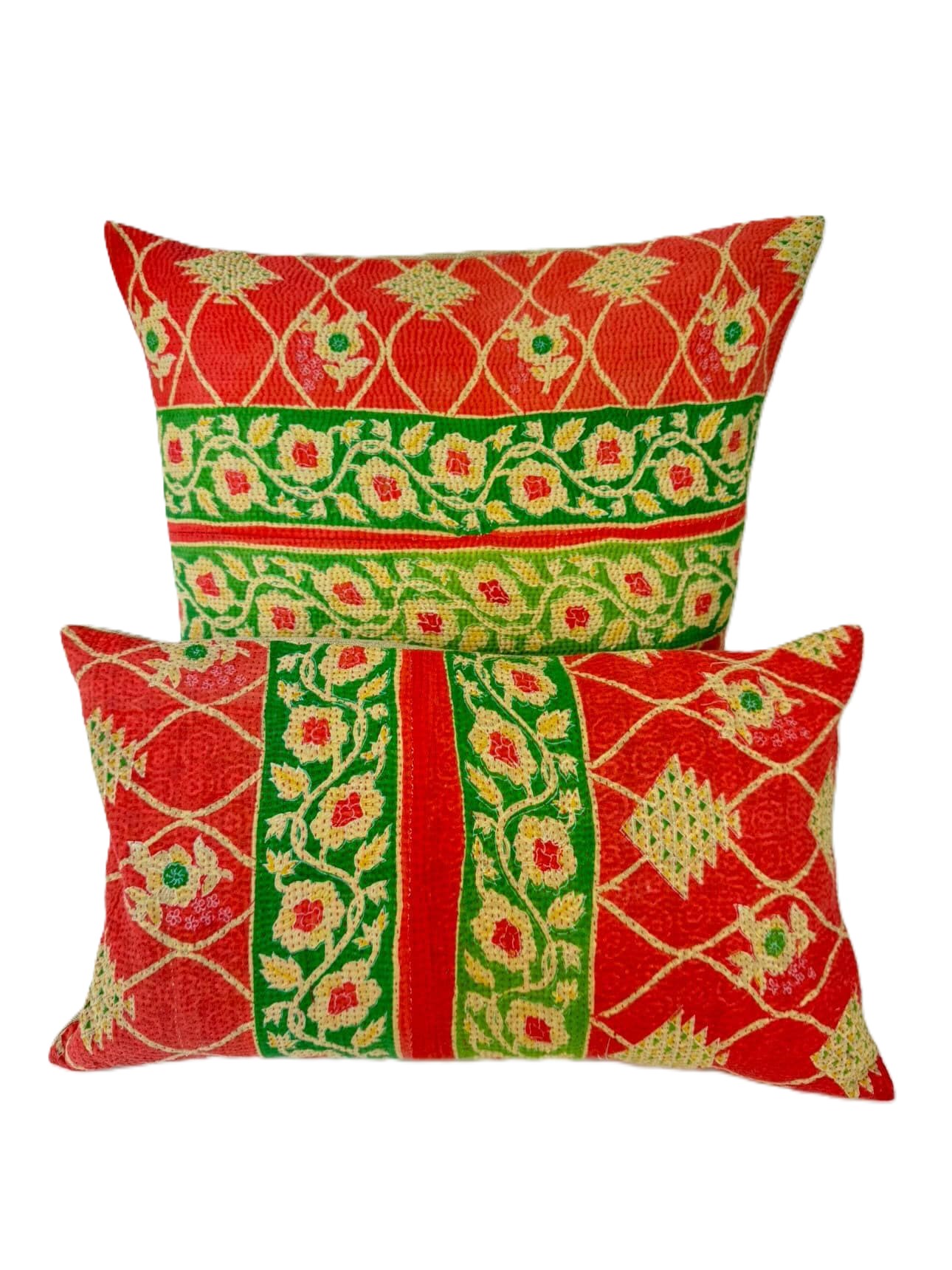 Exquisite vintage Kantha cushion featuring authentic hand-stitched Indian embroidery, responsibly sourced and perfect as unique homeware.
