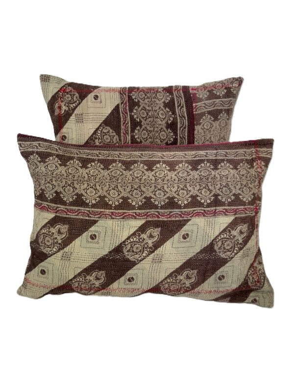 Exquisite vintage Kantha cushion featuring authentic hand-stitched Indian embroidery, responsibly sourced and perfect as unique homeware.