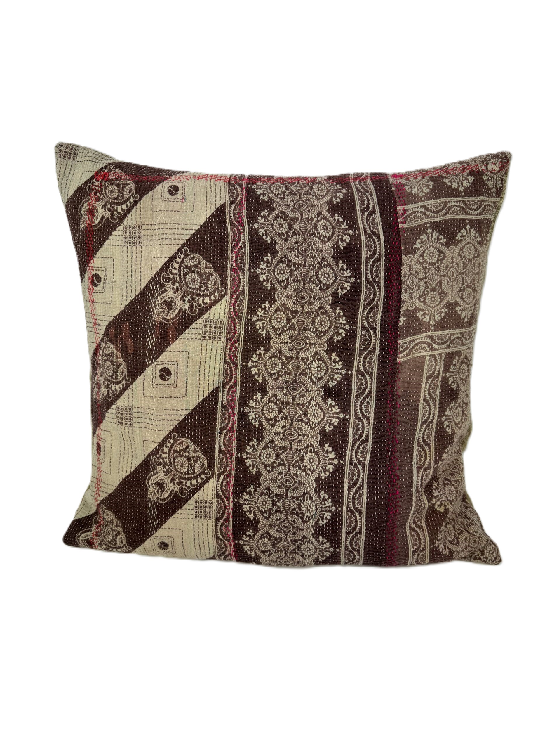 Exquisite vintage Kantha cushion featuring authentic hand-stitched Indian embroidery, responsibly sourced and perfect as unique homeware.