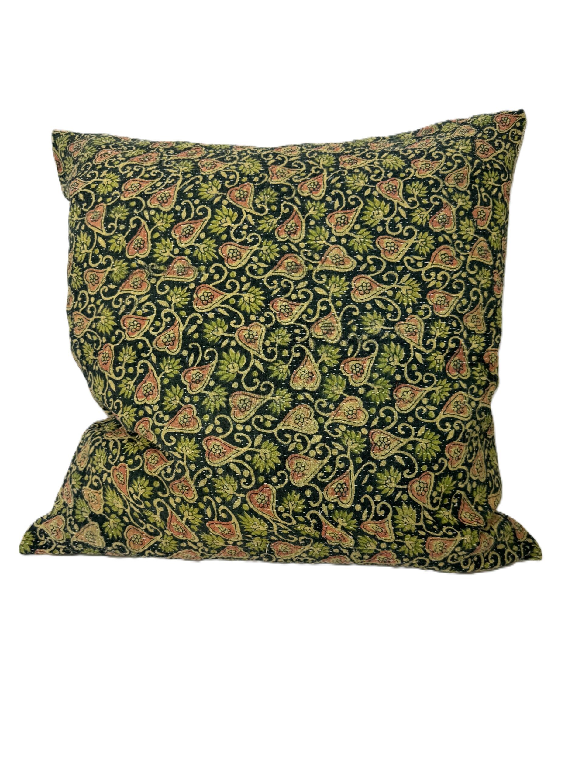 Exquisite vintage Kantha cushion featuring authentic hand-stitched Indian embroidery, responsibly sourced and perfect as unique homeware.