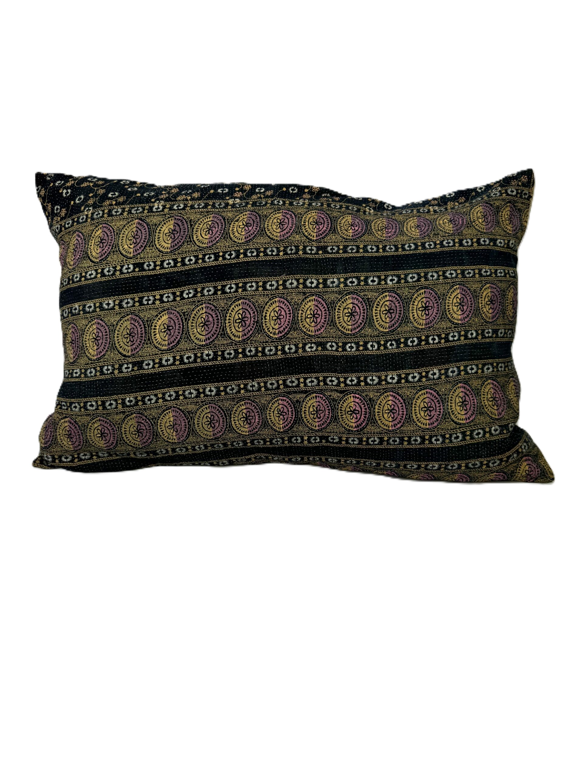 Exquisite vintage Kantha cushion featuring authentic hand-stitched Indian embroidery, responsibly sourced and perfect as unique homeware.