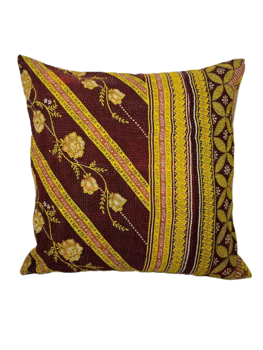 Exquisite vintage Kantha cushion featuring authentic hand-stitched Indian embroidery, responsibly sourced and perfect as unique homeware.