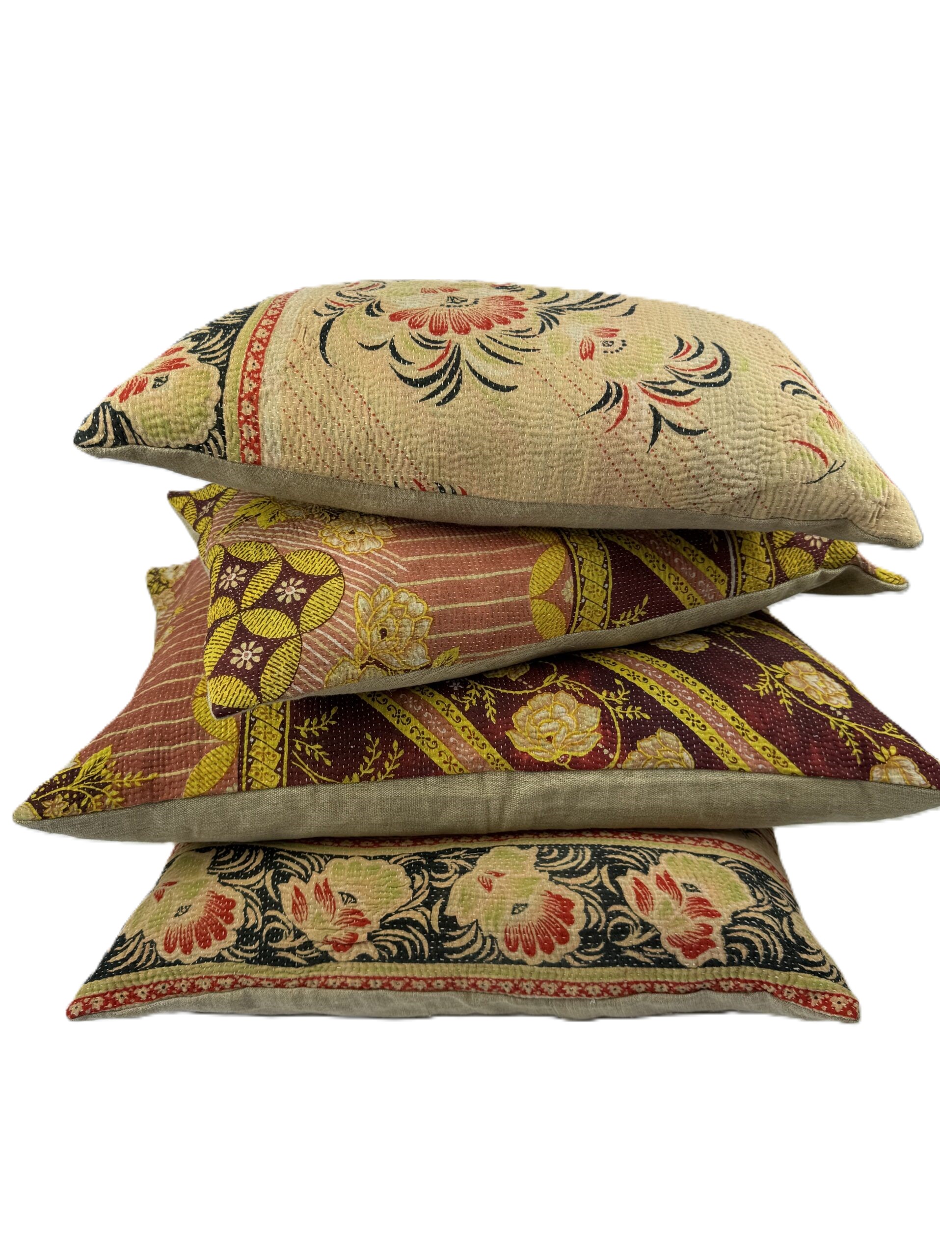 Exquisite vintage Kantha cushion featuring authentic hand-stitched Indian embroidery, responsibly sourced and perfect as unique homeware.