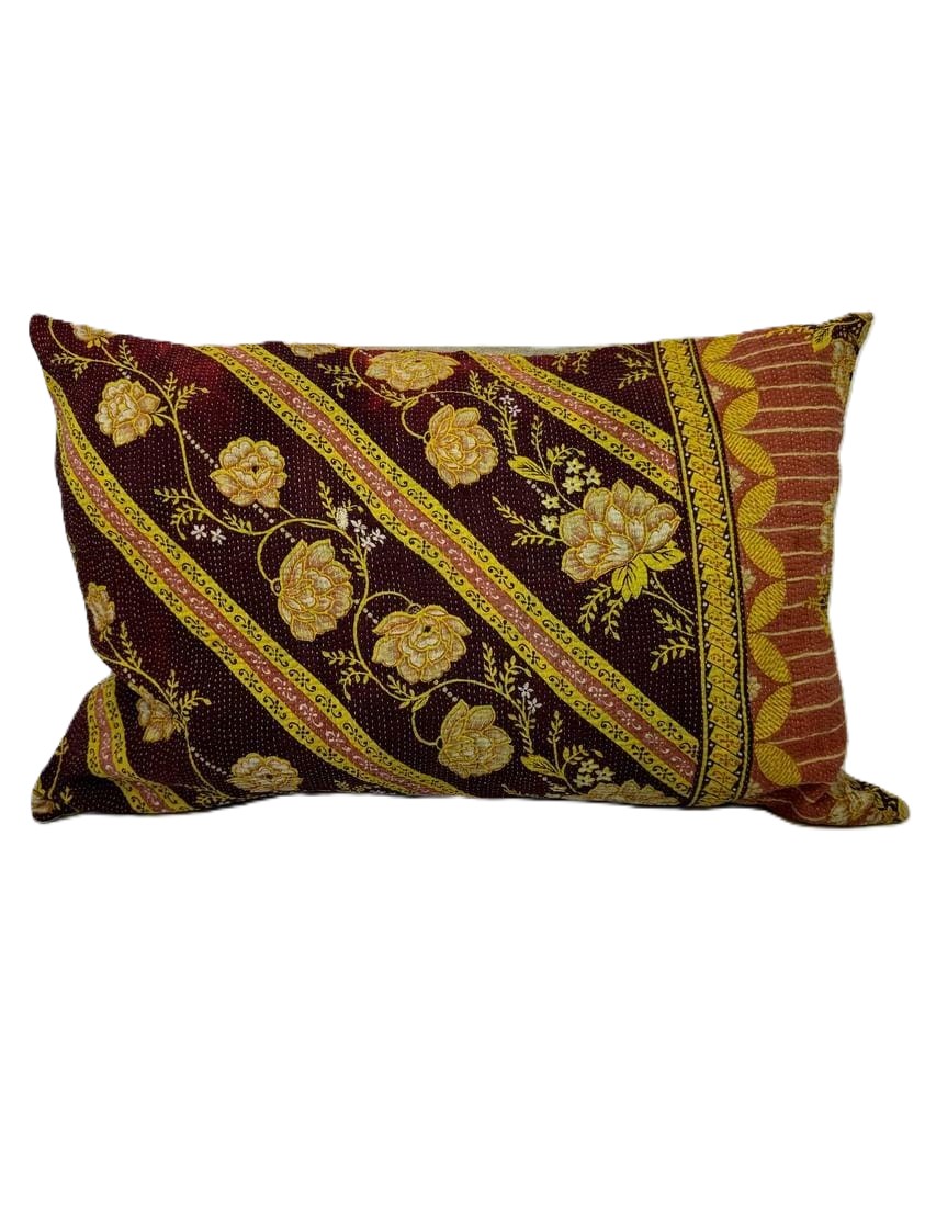 Exquisite vintage Kantha cushion featuring authentic hand-stitched Indian embroidery, responsibly sourced and perfect as unique homeware.