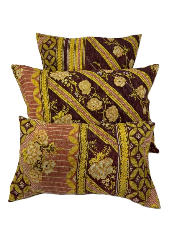 Exquisite vintage Kantha cushion featuring authentic hand-stitched Indian embroidery, responsibly sourced and perfect as unique homeware.