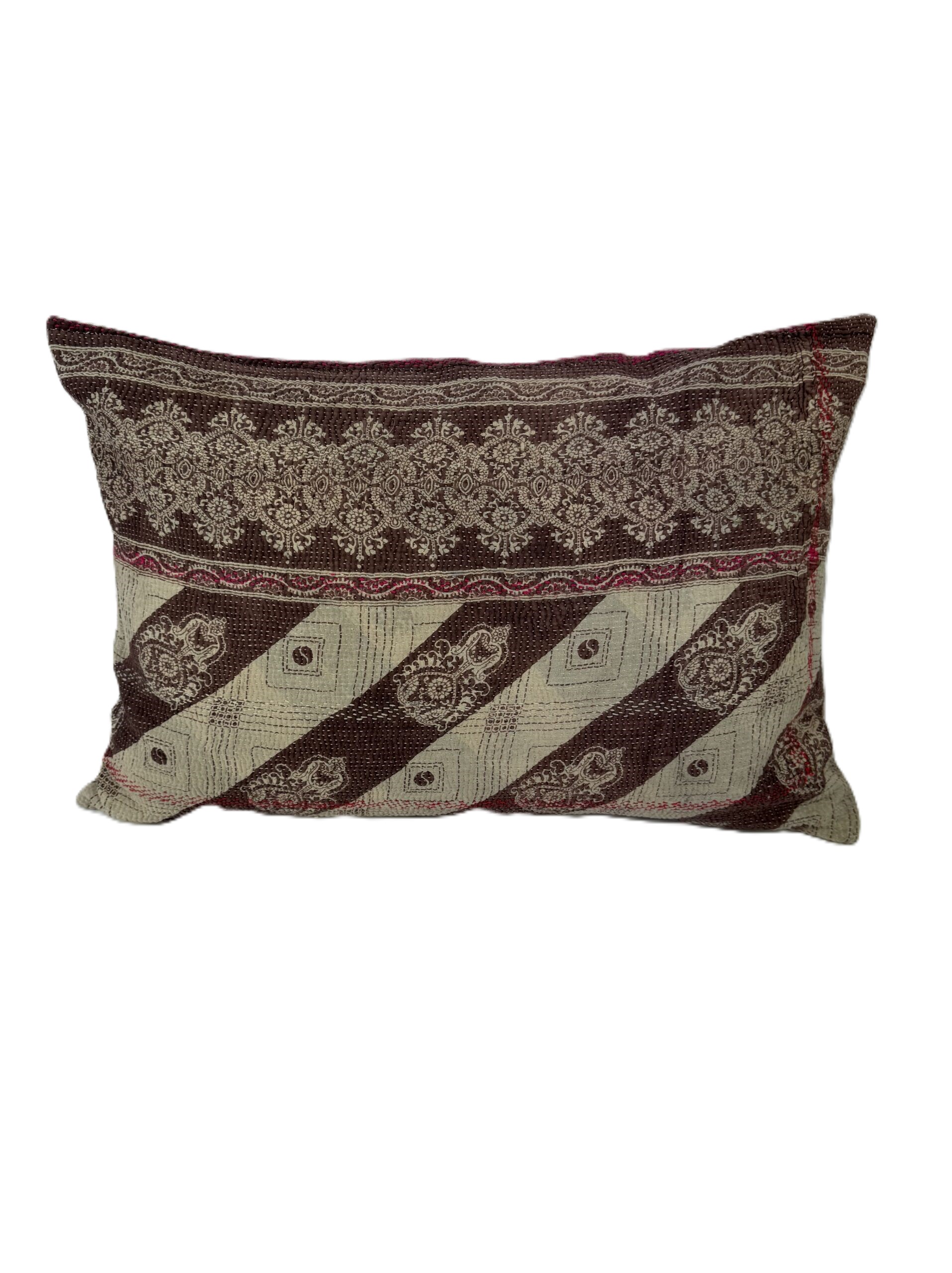 Exquisite vintage Kantha cushion featuring authentic hand-stitched Indian embroidery, responsibly sourced and perfect as unique homeware.