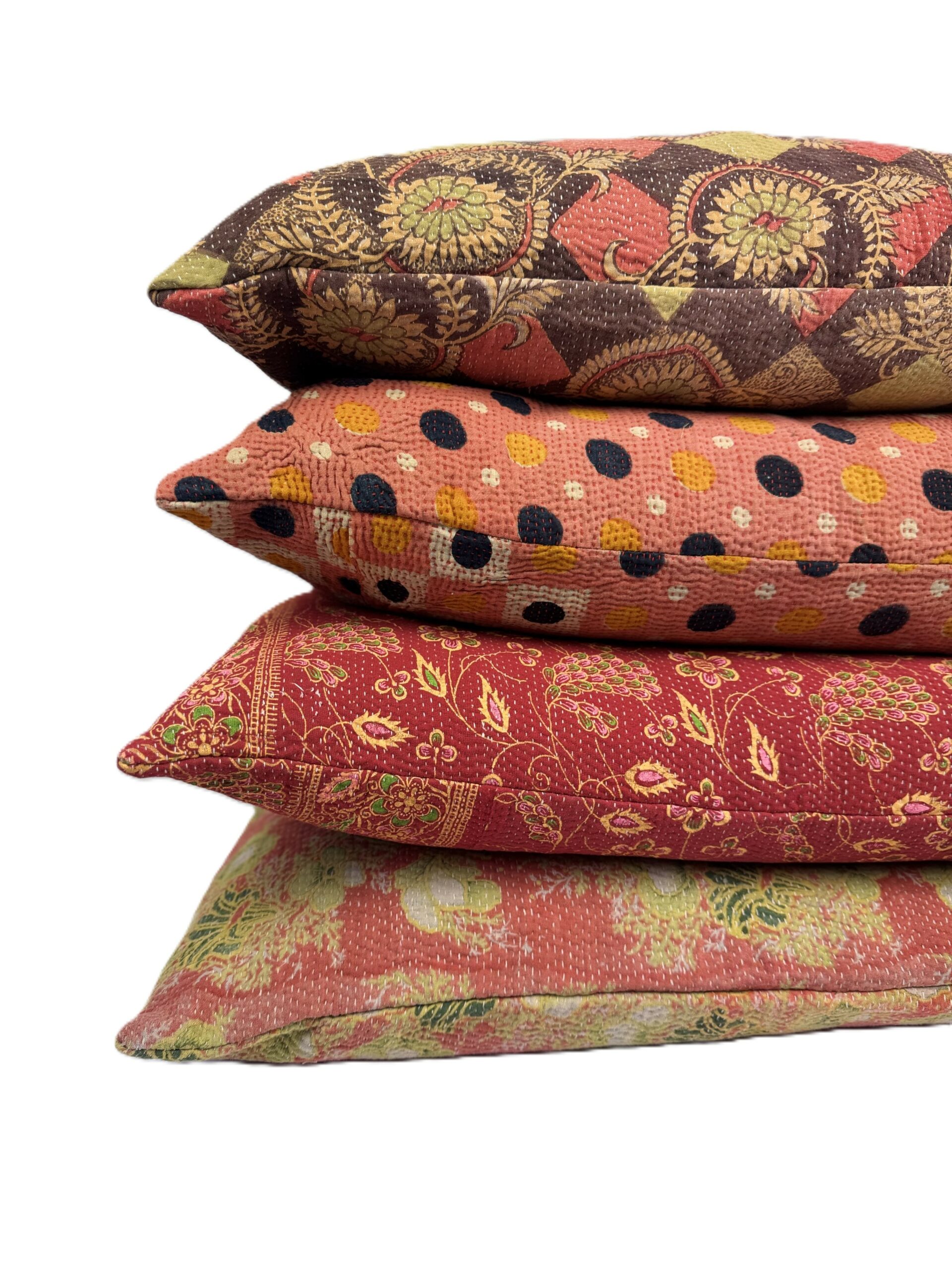 Exquisite vintage Kantha cushion featuring authentic hand-stitched Indian embroidery, responsibly sourced and perfect as unique homeware.