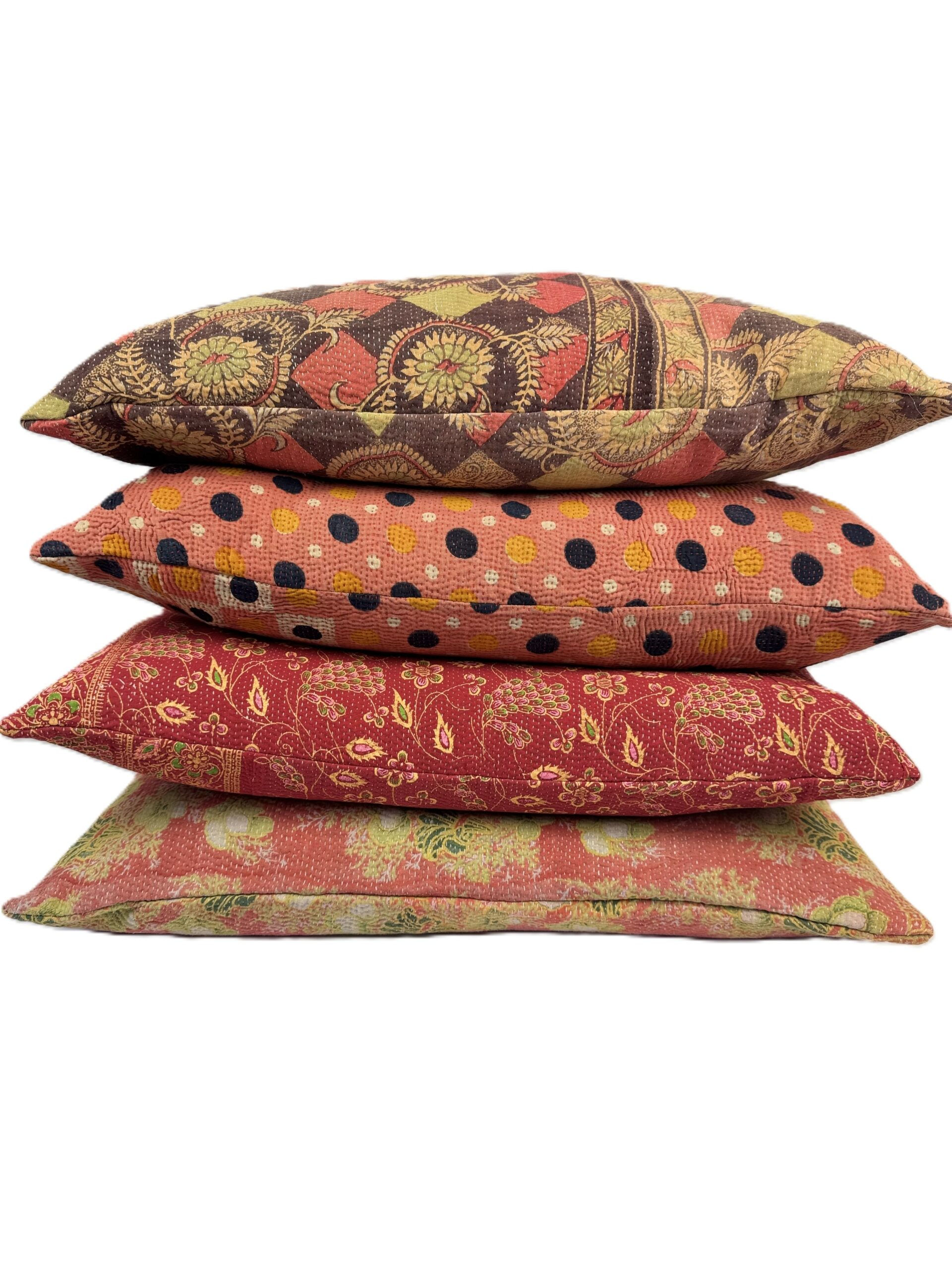 Exquisite vintage Kantha cushion featuring authentic hand-stitched Indian embroidery, responsibly sourced and perfect as unique homeware.