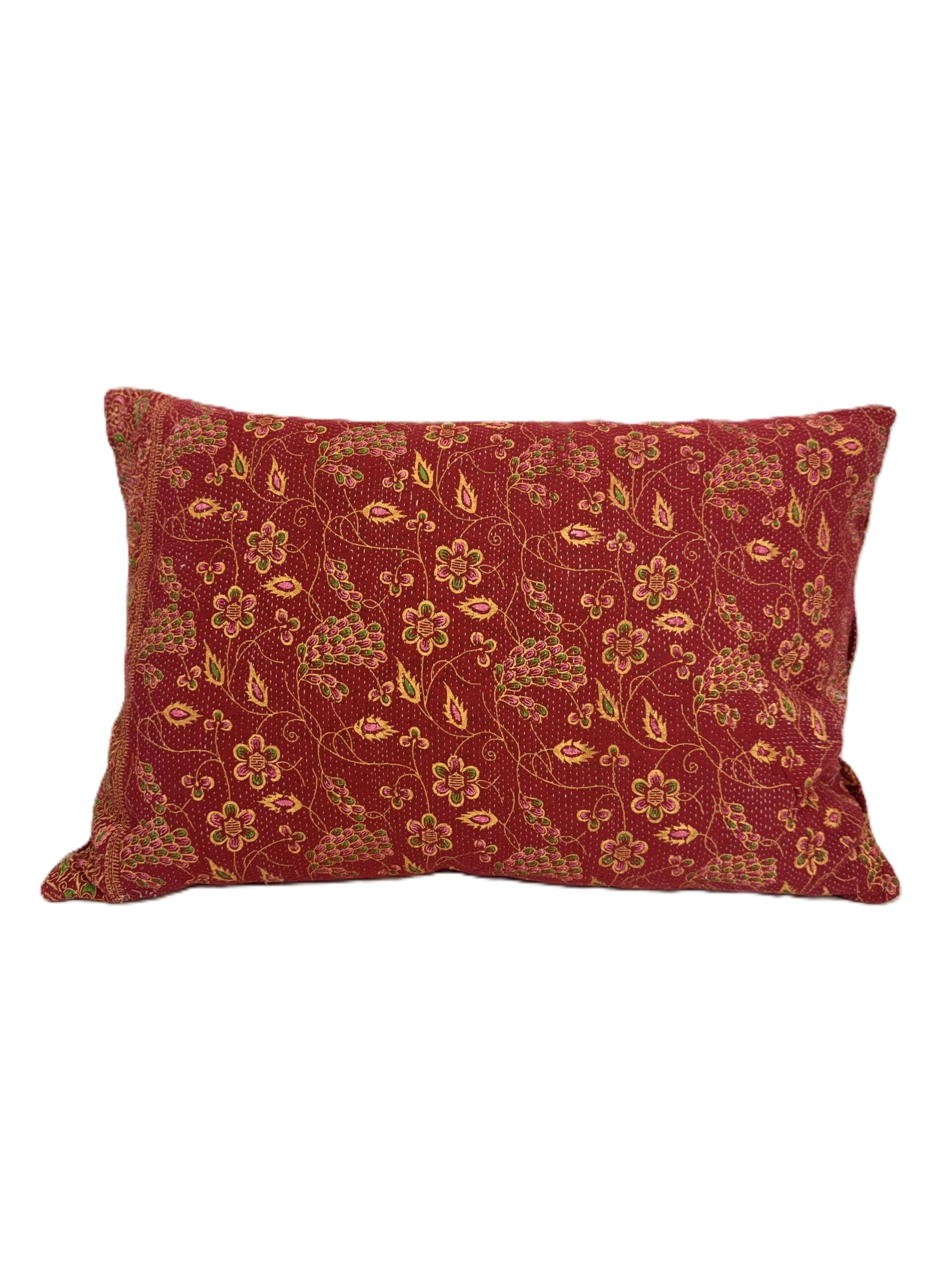 Exquisite vintage Kantha cushion featuring authentic hand-stitched Indian embroidery, responsibly sourced and perfect as unique homeware.