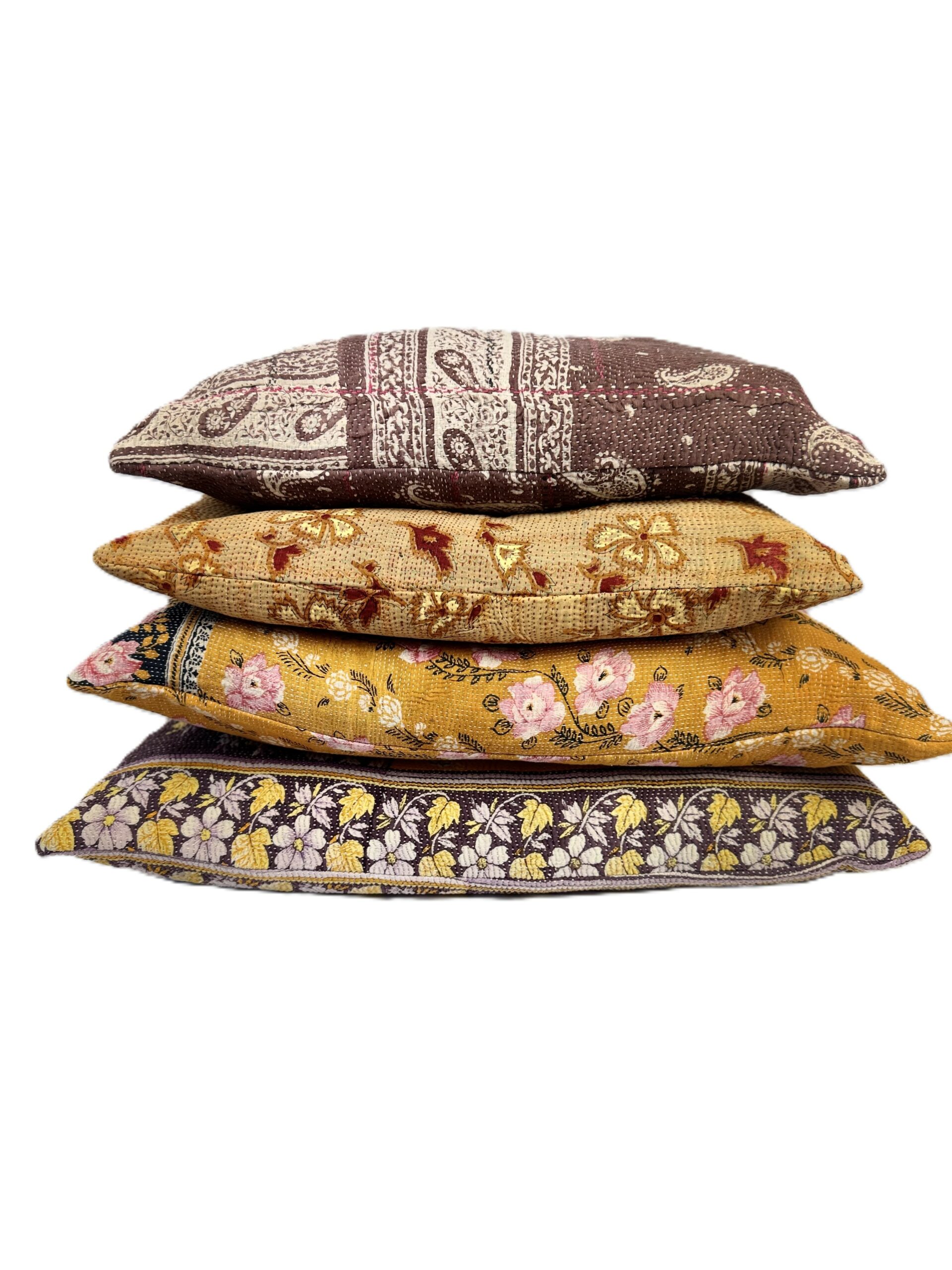 Exquisite vintage Kantha cushion featuring authentic hand-stitched Indian embroidery, responsibly sourced and perfect as unique homeware.