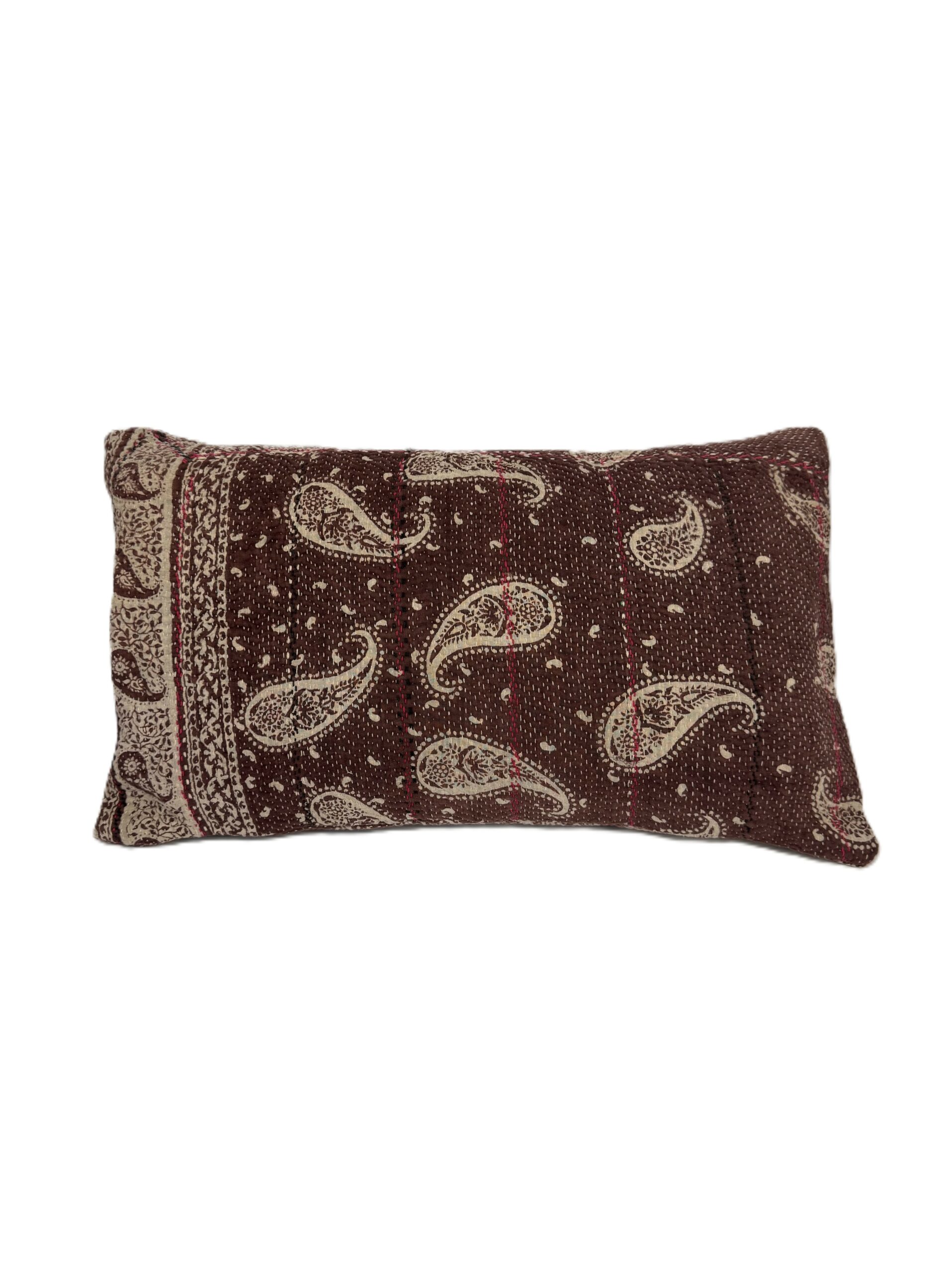 Exquisite vintage Kantha cushion featuring authentic hand-stitched Indian embroidery, responsibly sourced and perfect as unique homeware.