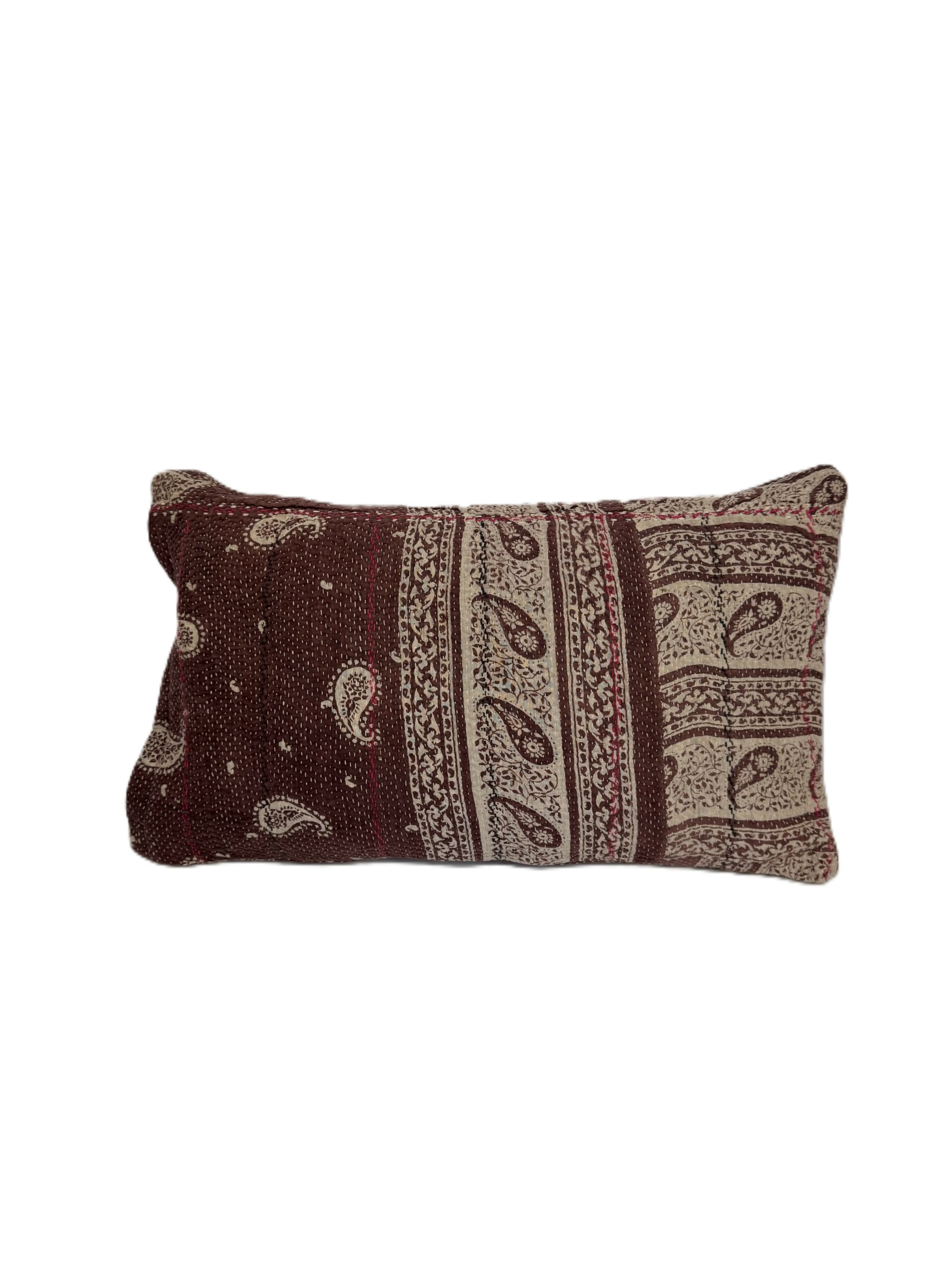 Exquisite vintage Kantha cushion featuring authentic hand-stitched Indian embroidery, responsibly sourced and perfect as unique homeware.