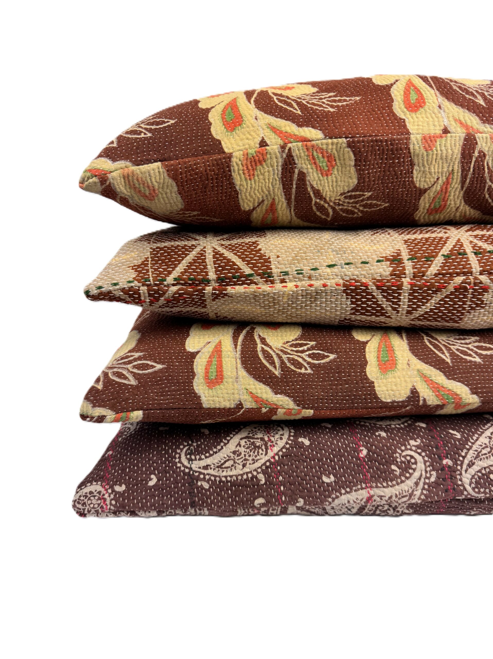 Exquisite vintage Kantha cushion featuring authentic hand-stitched Indian embroidery, responsibly sourced and perfect as unique homeware.
