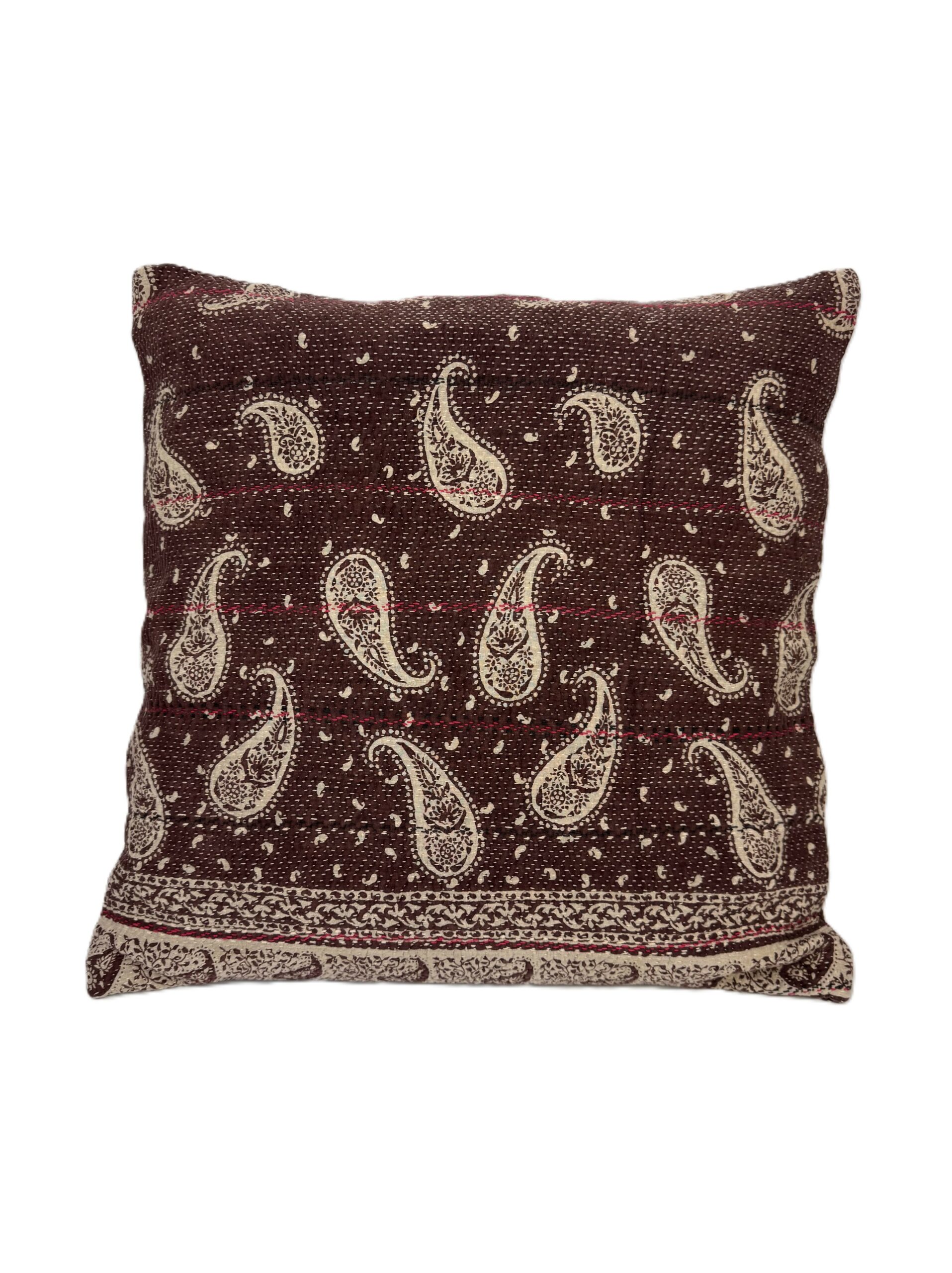 Exquisite vintage Kantha cushion featuring authentic hand-stitched Indian embroidery, responsibly sourced and perfect as unique homeware.