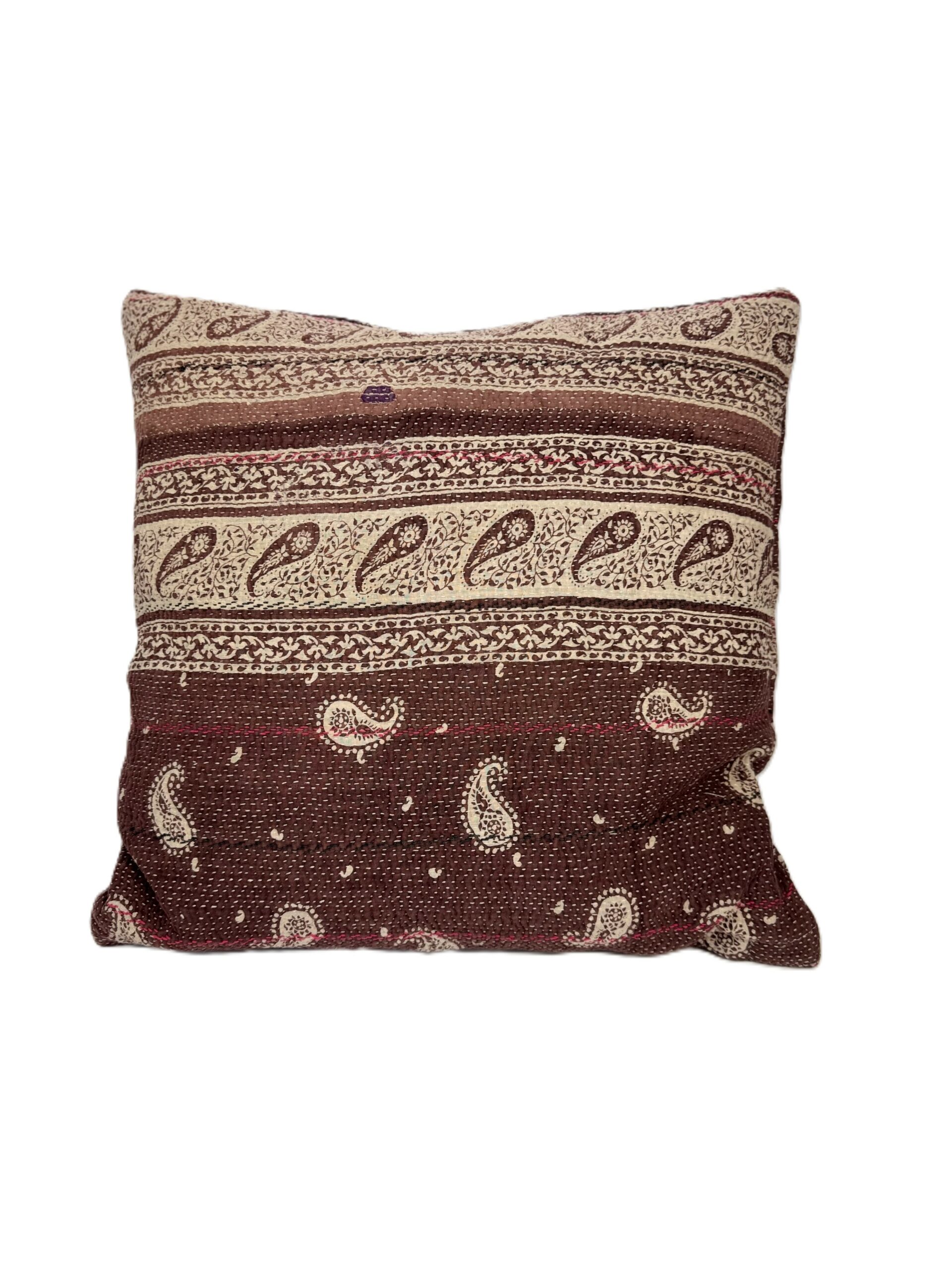 Exquisite vintage Kantha cushion featuring authentic hand-stitched Indian embroidery, responsibly sourced and perfect as unique homeware.