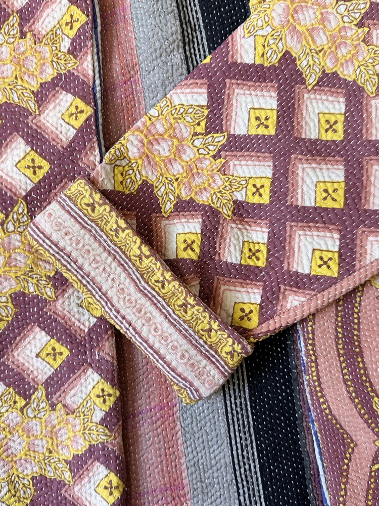 Vintage cotton Kantha Jacket with finely hand stitched details, rich textures and colours.