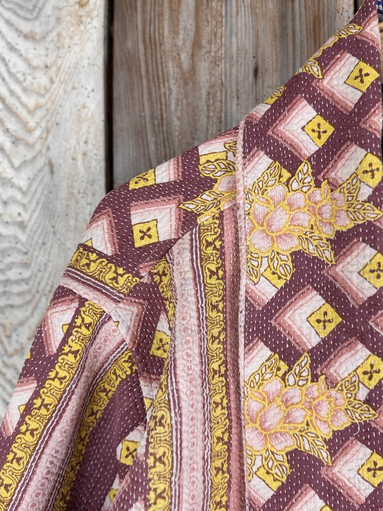 Vintage cotton Kantha Jacket with finely hand stitched details, rich textures and colours.