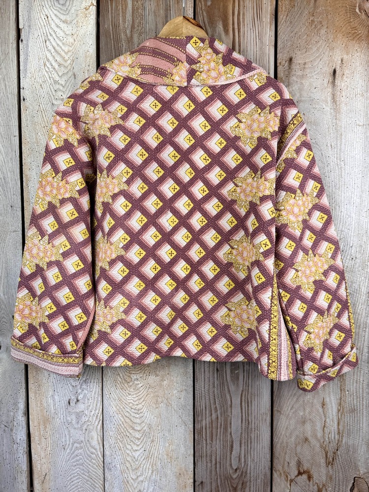 Vintage cotton Kantha Jacket with finely hand stitched details, rich textures and colours.