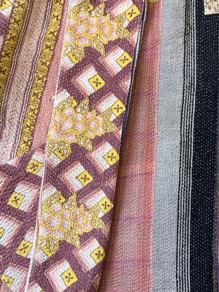 Vintage cotton Kantha Jacket with finely hand stitched details, rich textures and colours.