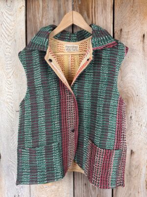 Vintage cotton Kantha Waistcoat with finely hand stitched details, rich textures and colours.