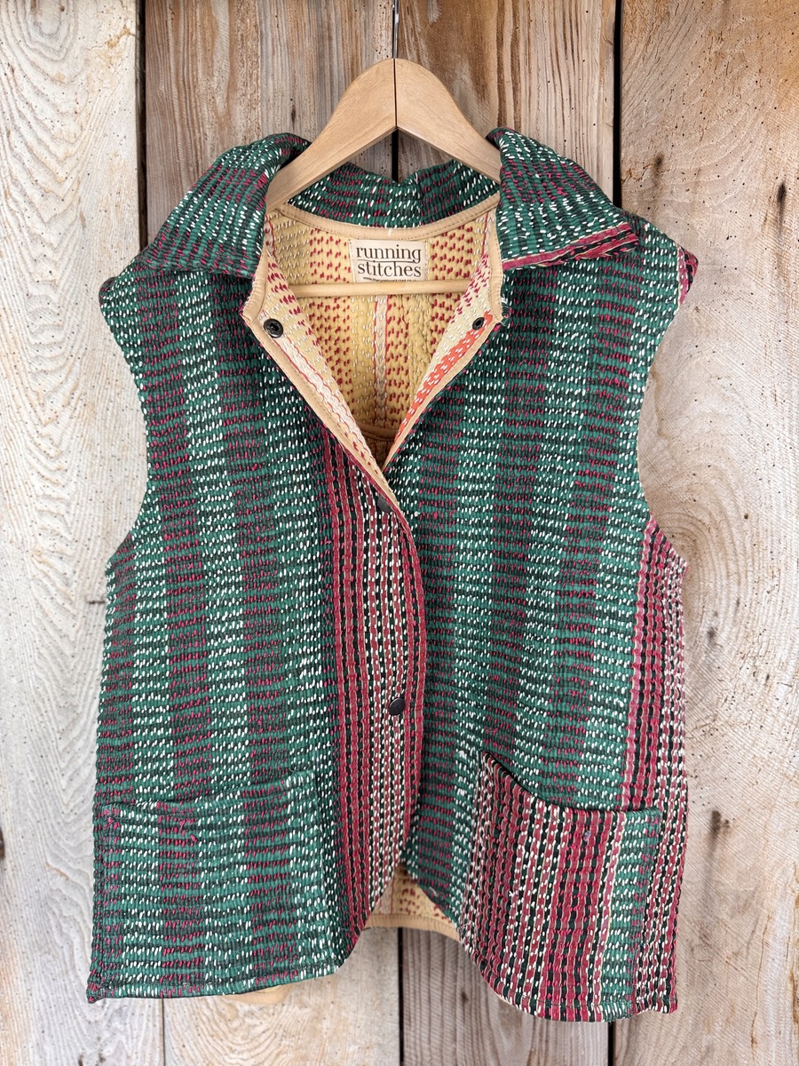 Vintage cotton Kantha Waistcoat with finely hand stitched details, rich textures and colours.