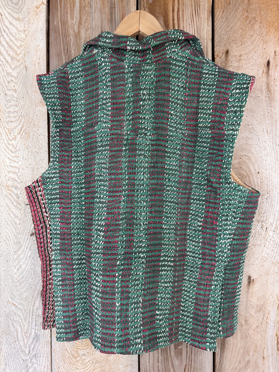 Vintage cotton Kantha Waistcoat with finely hand stitched details, rich textures and colours.