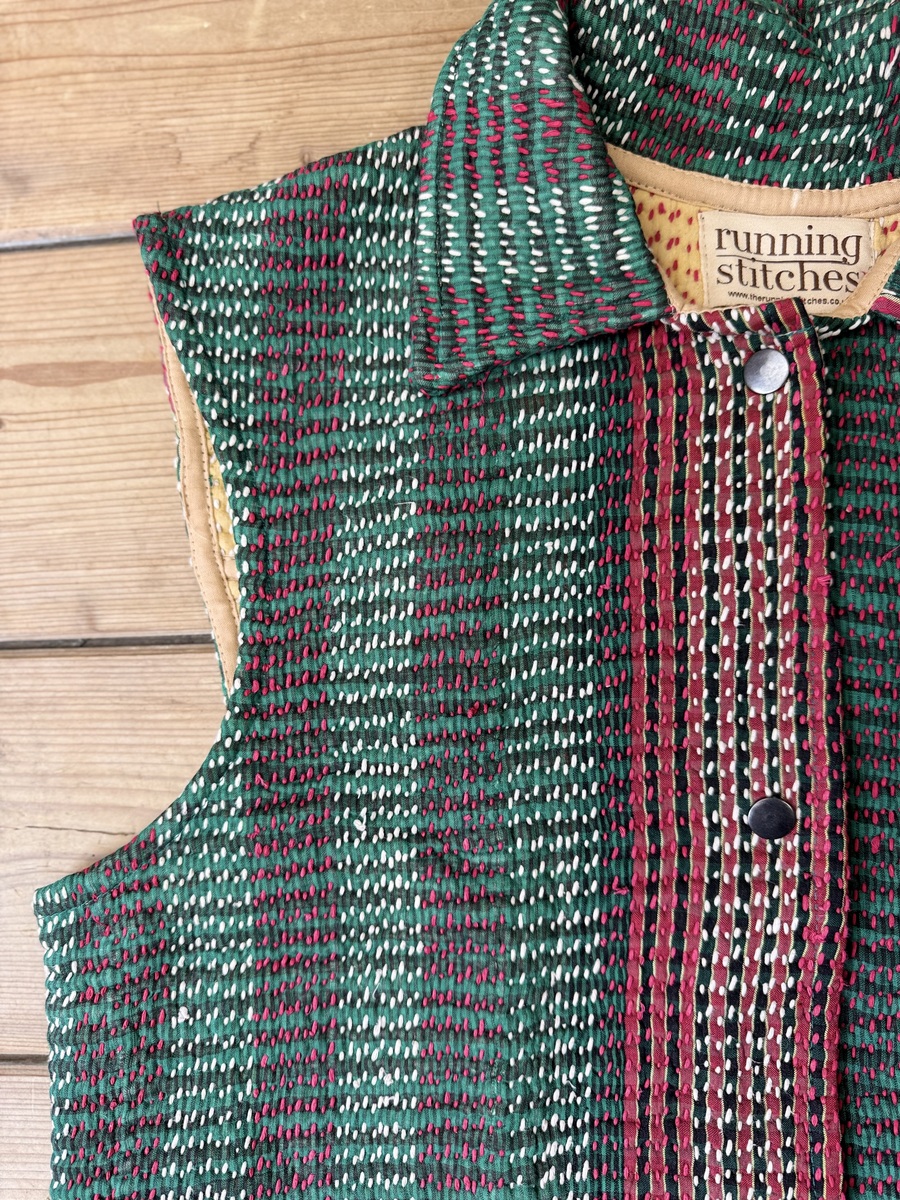 Vintage cotton Kantha Waistcoat with finely hand stitched details, rich textures and colours.