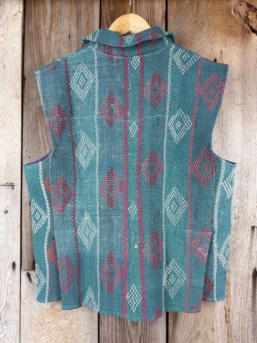 Vintage cotton Kantha Waistcoat with finely hand stitched details, rich textures and colours.