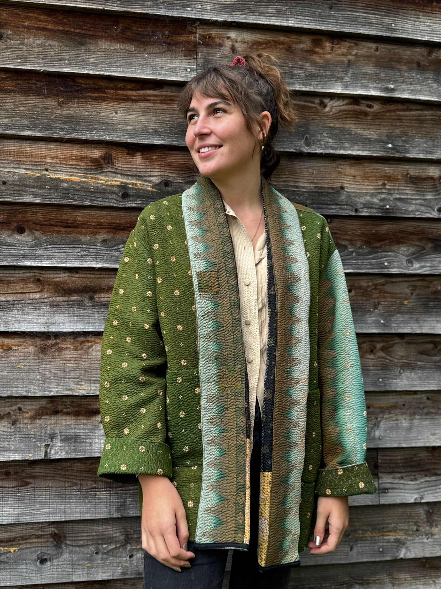 Vintage cotton Kantha Jacket with finely hand stitched details, rich textures and colours.