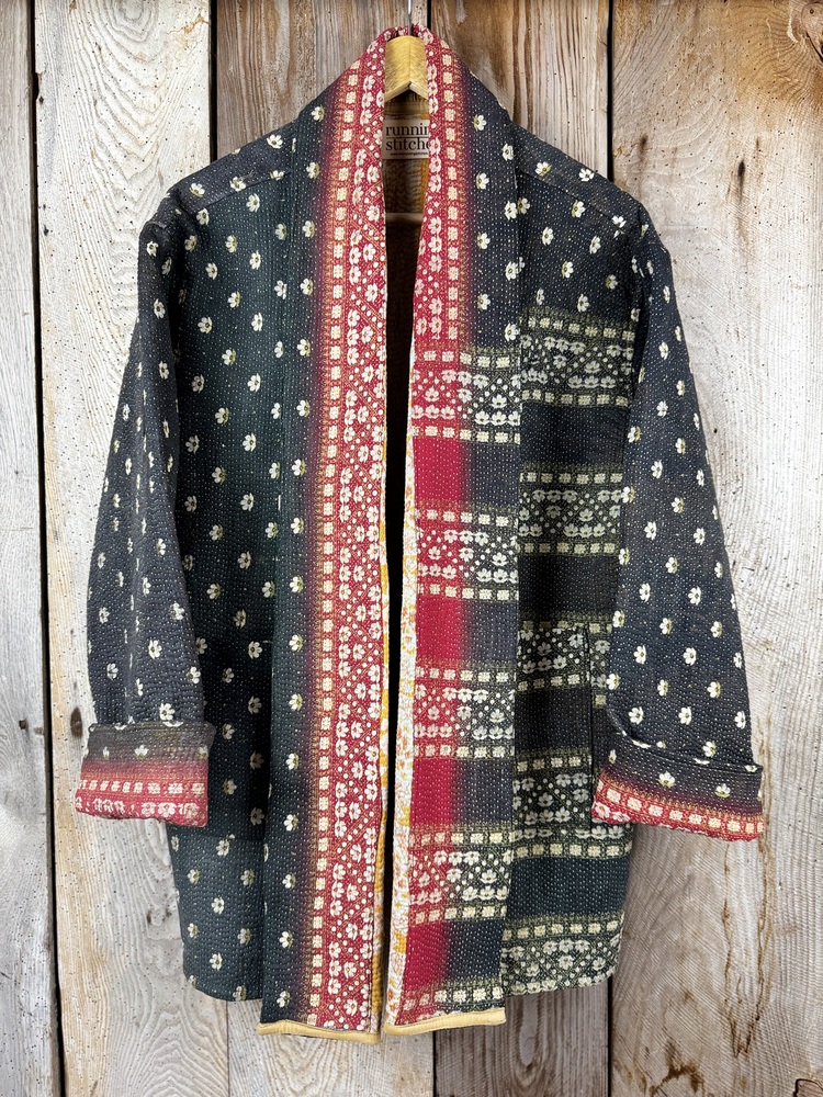 Vintage cotton Kantha Jacket with finely hand stitched details, rich textures and colours.