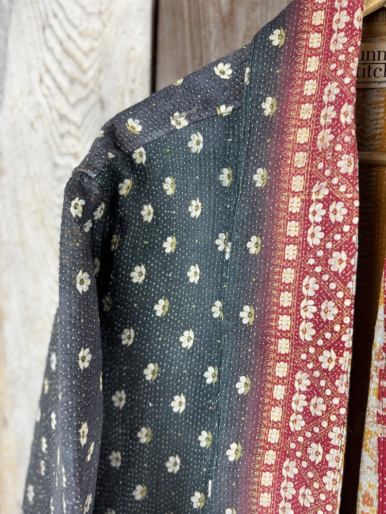 Vintage cotton Kantha Jacket with finely hand stitched details, rich textures and colours.