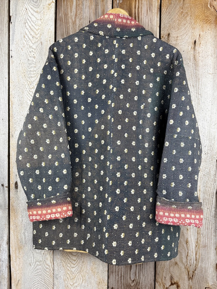 Vintage cotton Kantha Jacket with finely hand stitched details, rich textures and colours.