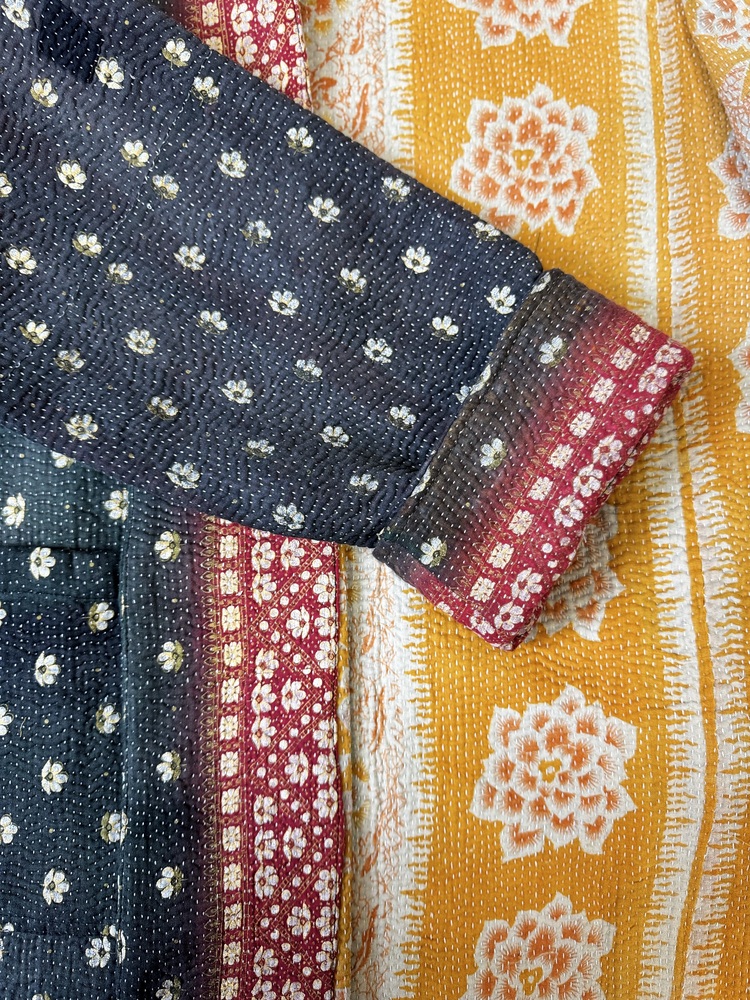 Vintage cotton Kantha Jacket with finely hand stitched details, rich textures and colours.