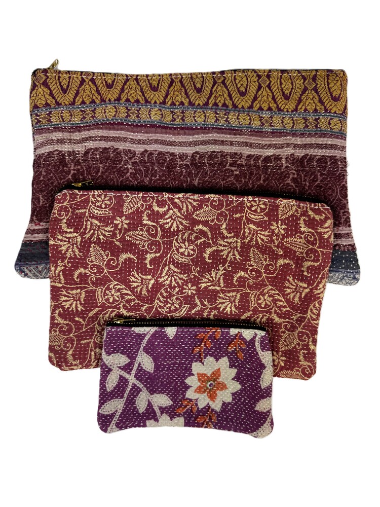 Colourful cotton kantha bags, pockets and purses, great for organising the smaller things in life. Made from recycled kantha quilts for the perfect accessory.