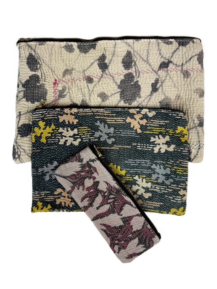 Colourful cotton kantha bags, pockets and purses, great for organising the smaller things in life. Made from recycled kantha quilts for the perfect accessory.