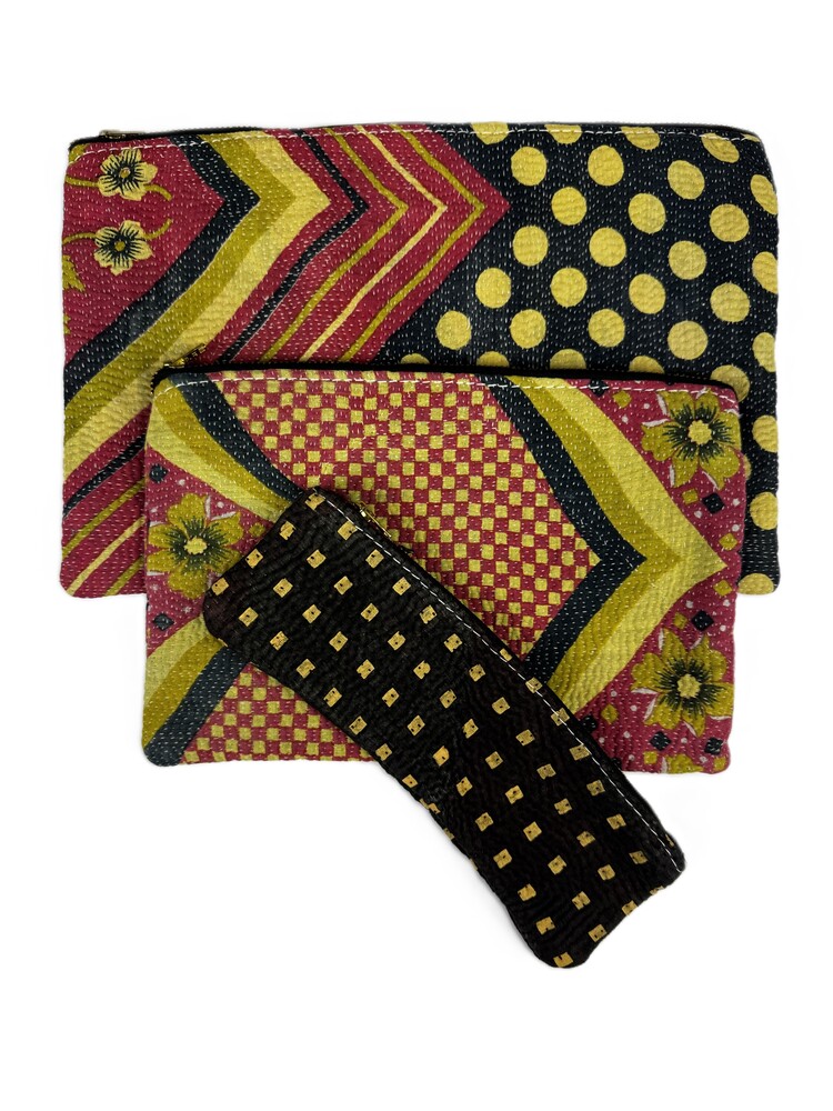 Colourful cotton kantha bags, pockets and purses, great for organising the smaller things in life. Made from recycled kantha quilts for the perfect accessory.
