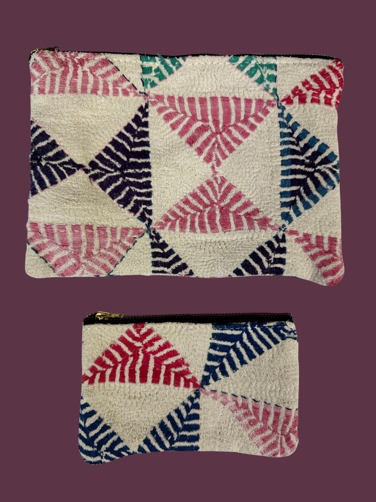Colourful cotton kantha bags, pockets and purses, great for organising the smaller things in life. Made from recycled kantha quilts for the perfect accessory.