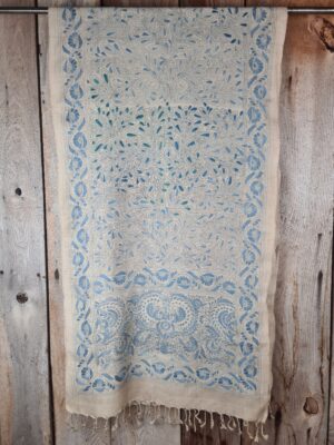 A tussar silk scarf/shawl hand-embroidered with traditional motifs by a NGO in West Bengal.