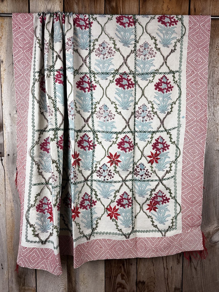 Exquisite vintage block printed Kantha quilt featuring authentic hand-stitched motifs and embroidery, responsibly sourced and perfect as unique homeware.