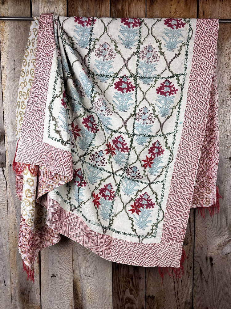 Exquisite vintage block printed Kantha quilt featuring authentic hand-stitched motifs and embroidery, responsibly sourced and perfect as unique homeware.