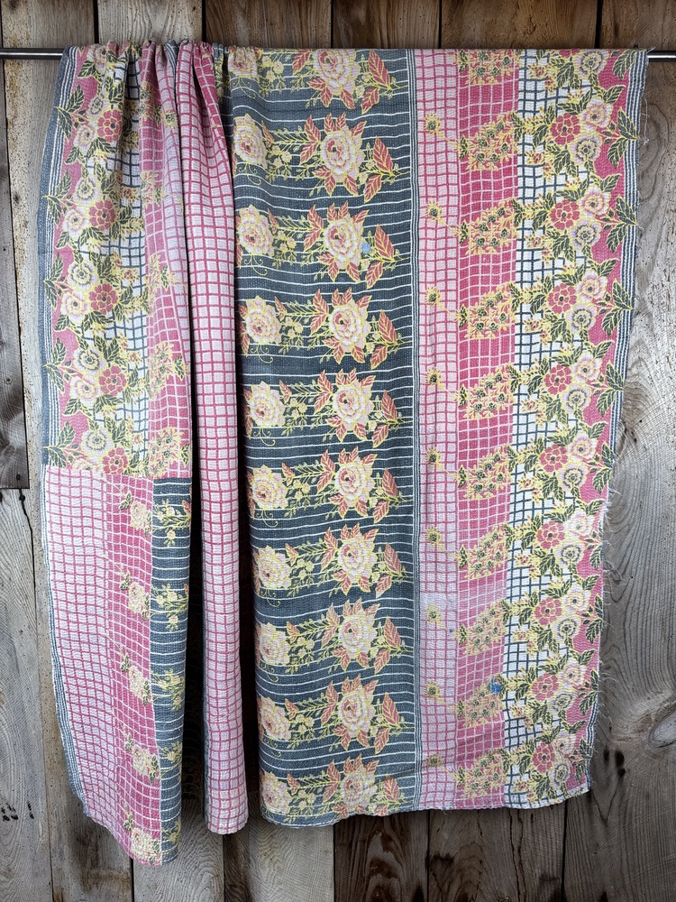 Exquisite vintage Kantha quilt featuring authentic hand-stitched Indian patchwork, responsibly sourced and perfect as unique homeware.