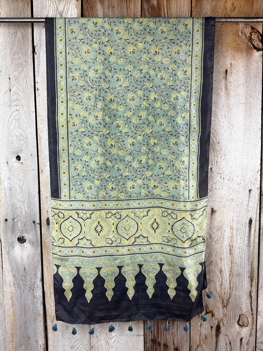 Mulberry silk scarf, block printed with natural dyes by Sufyian Khatri. The perfect lightweight unique accessory for any outfit.