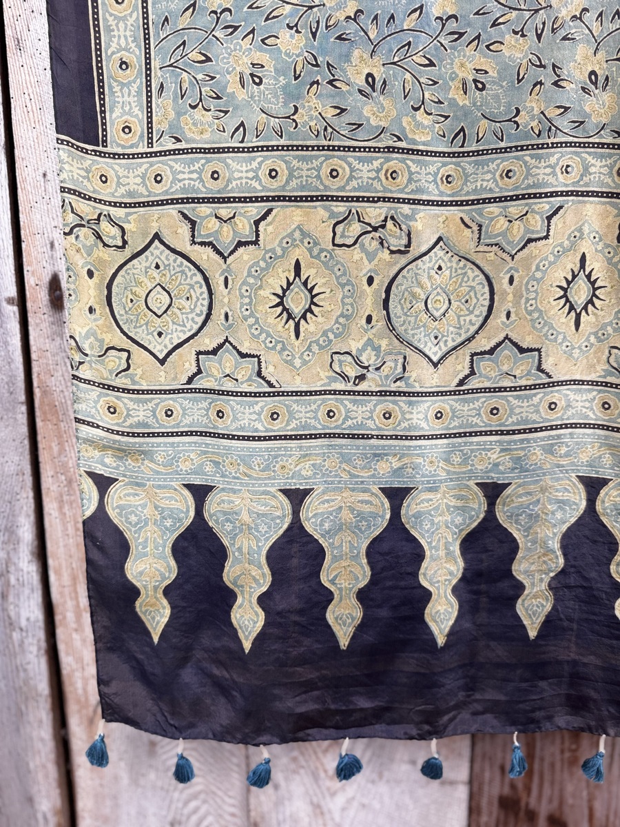 Mulberry silk scarf, block printed with natural dyes by Sufyian Khatri. The perfect lightweight unique accessory for any outfit.